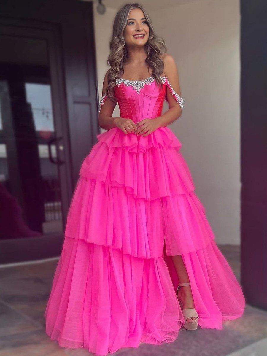 Robenia | A Line Off the Shoulder Hot Pink Tulle Long Prom Dresses with Beading - KissProm