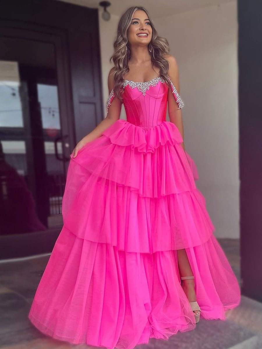 Robenia | A Line Off the Shoulder Hot Pink Tulle Long Prom Dresses with Beading - KissProm