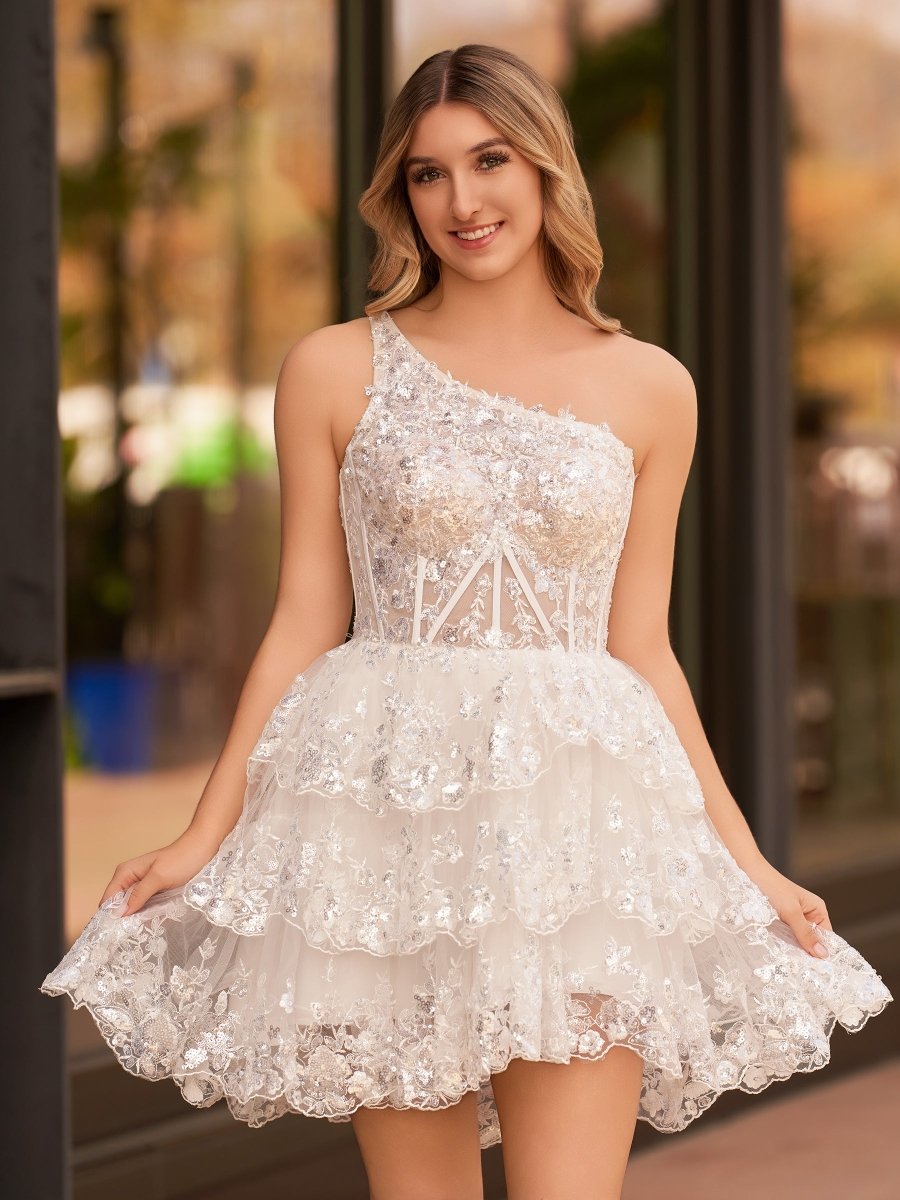 Emma | A Line One Shoulder Navy Tiered Lace Short Homecoming Dress - KissProm