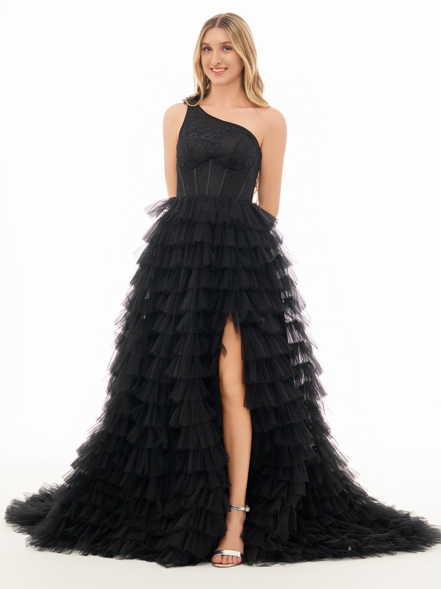 Kinsley | A Line One Shoulder Tiered Long Prom Dress - KissProm