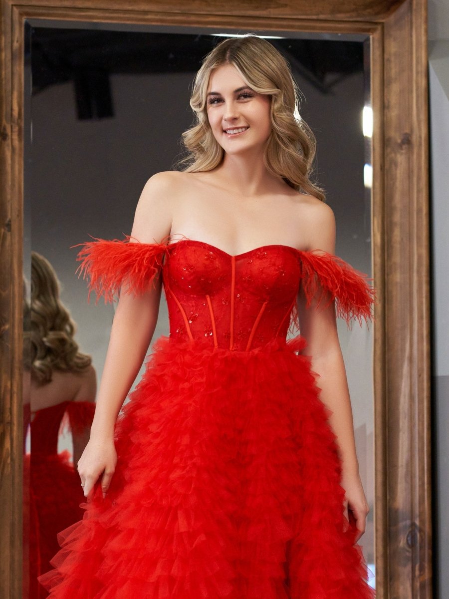 Ingrid |A Line Sweetheart Tiered Tulle Long Prom Dress With Slit - KissProm