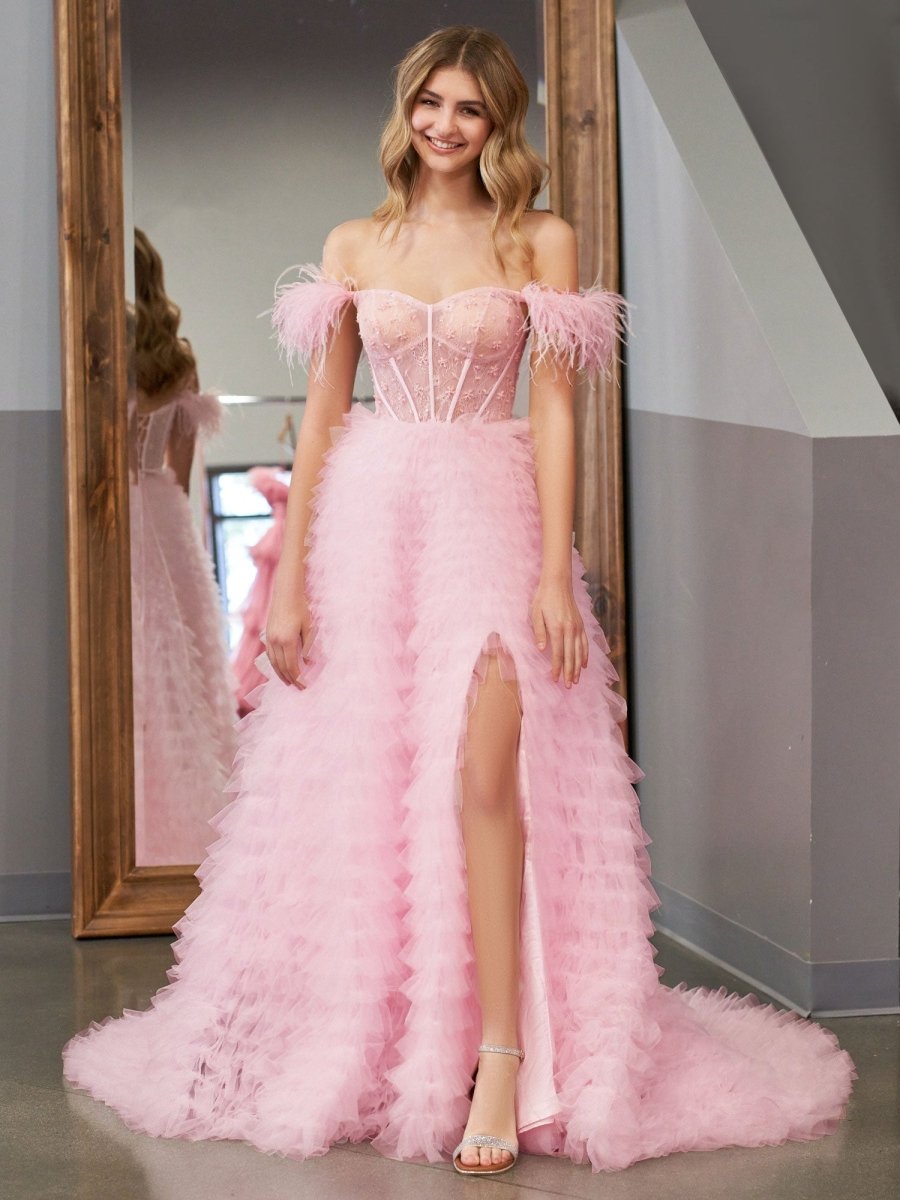 Ingrid |A Line Sweetheart Tiered Tulle Long Prom Dress With Slit - KissProm