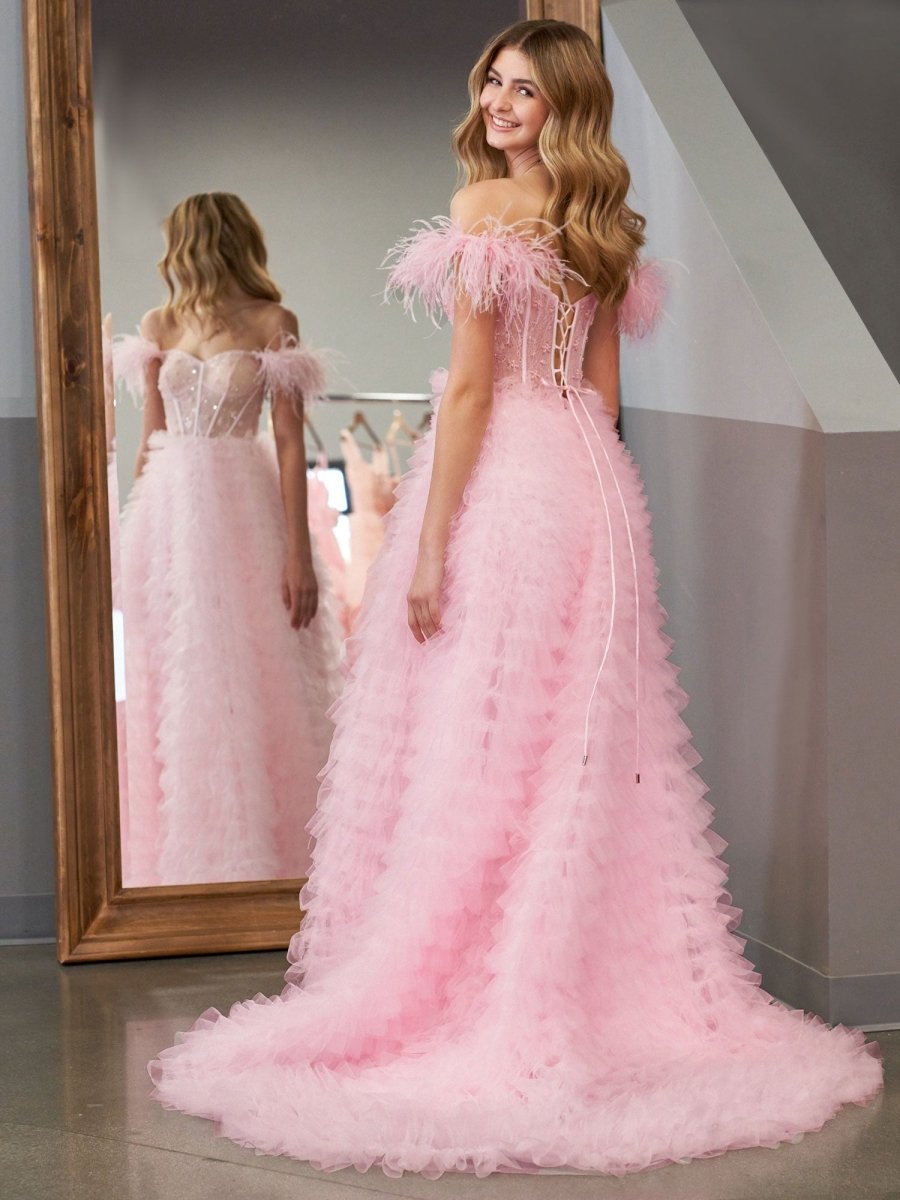 Ingrid |A Line Sweetheart Tiered Tulle Long Prom Dress With Slit - KissProm