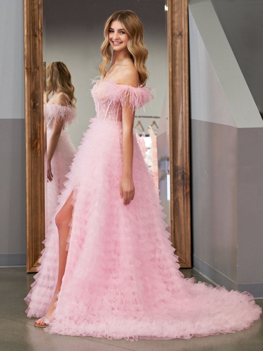 Ingrid |A Line Sweetheart Tiered Tulle Long Prom Dress With Slit - KissProm