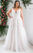 A Line Romantic Tulle Plunging Neckline Wedding Dress with Appliques - KissProm