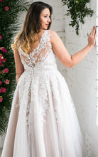 A Line Romantic Tulle Plunging Neckline Wedding Dress with Appliques - KissProm