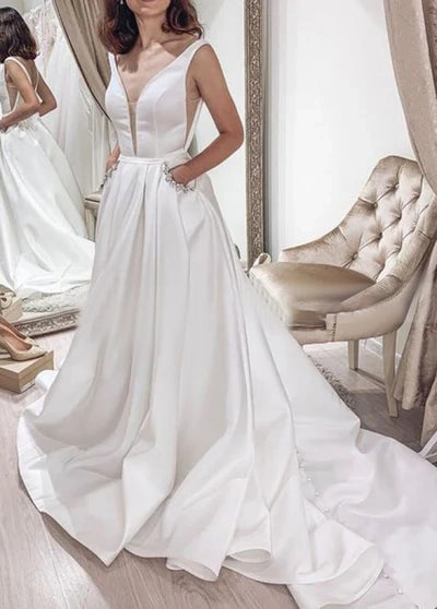 Elegant A-line Sleeveless V-Back Satin Bridal Dresses with Pockets