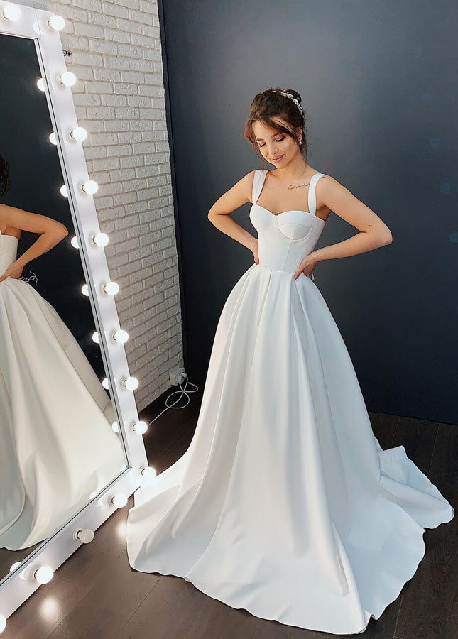 Ginevra | A - line Off - the - Shoulder Sleeveless Satin Simple Bride Wedding Dress - KissProm