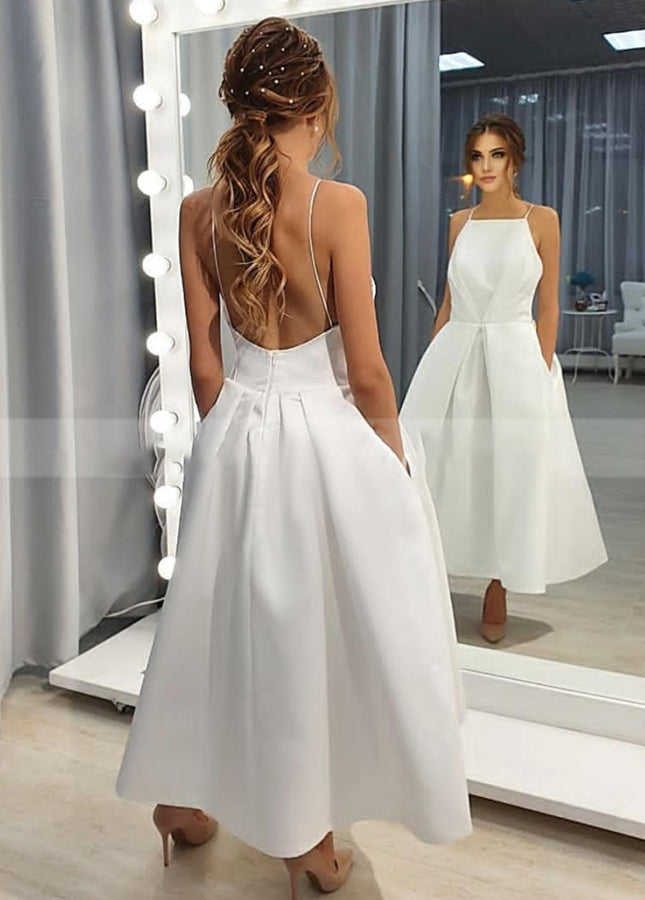 Simple Open Back Tea Length A-Line Sleeveless Spaghetti-Straps Wedding |  KissProm