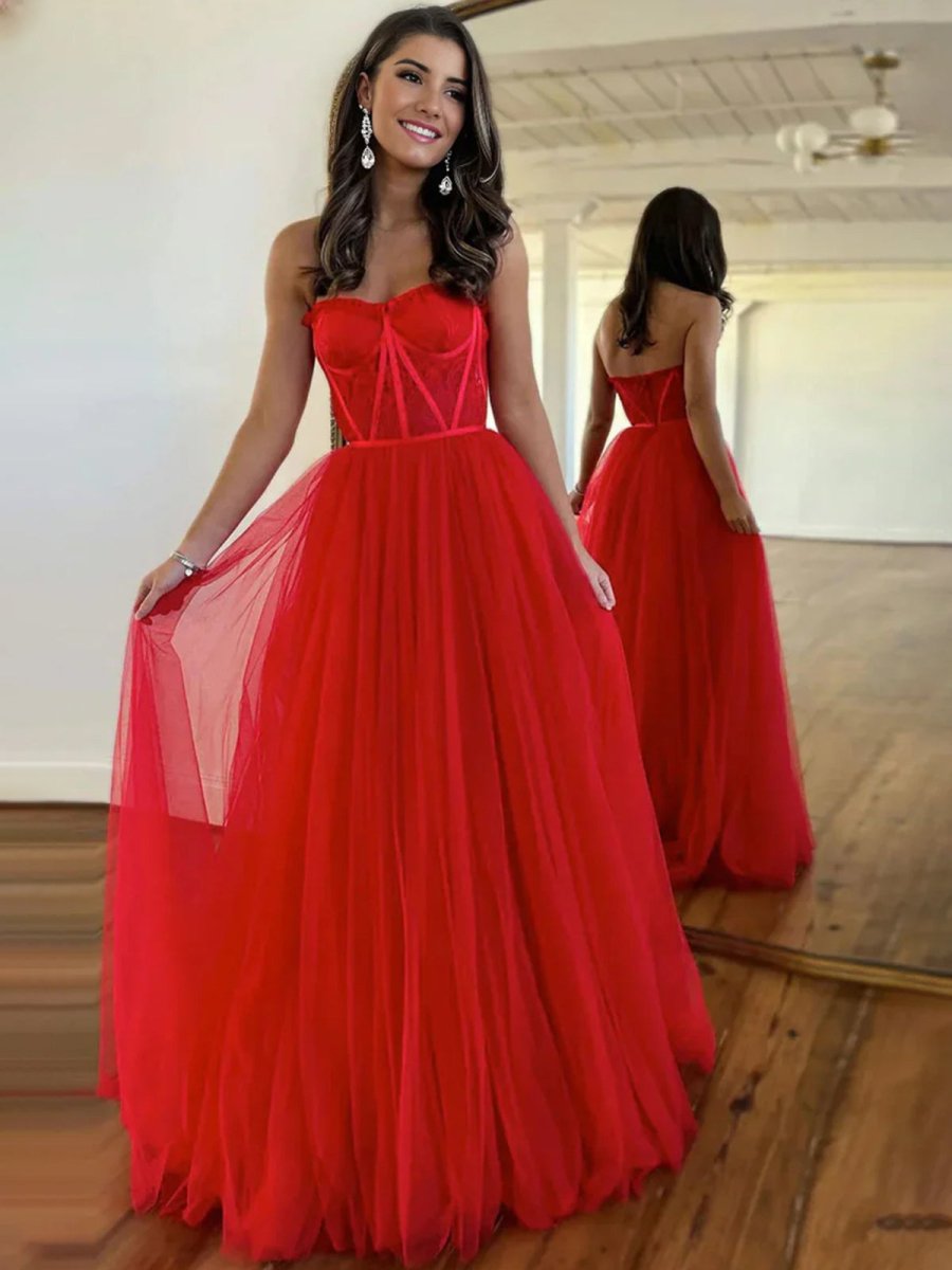 Talia |A Line Sweetheart Corset Tulle Prom Dress with Slit - KissProm