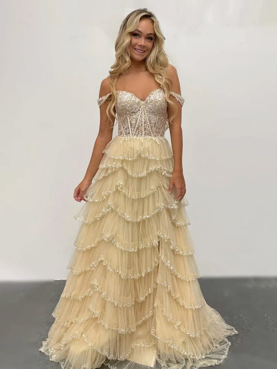 Scout | A - Line Sweetheart Champagne Tulle Prom Dresses with Appliques - KissProm