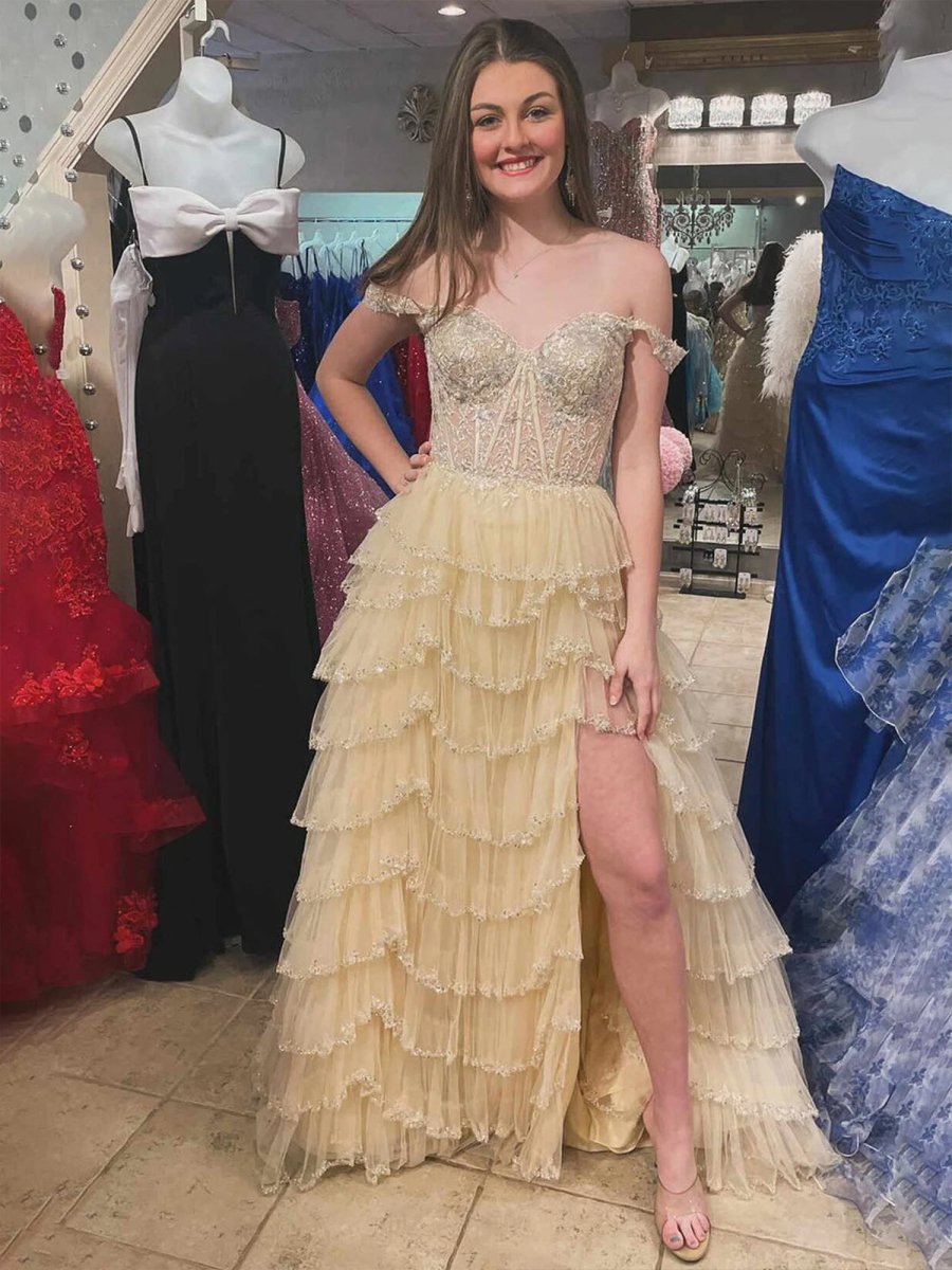 Scout | A - Line Sweetheart Champagne Tulle Prom Dresses with Appliques - KissProm