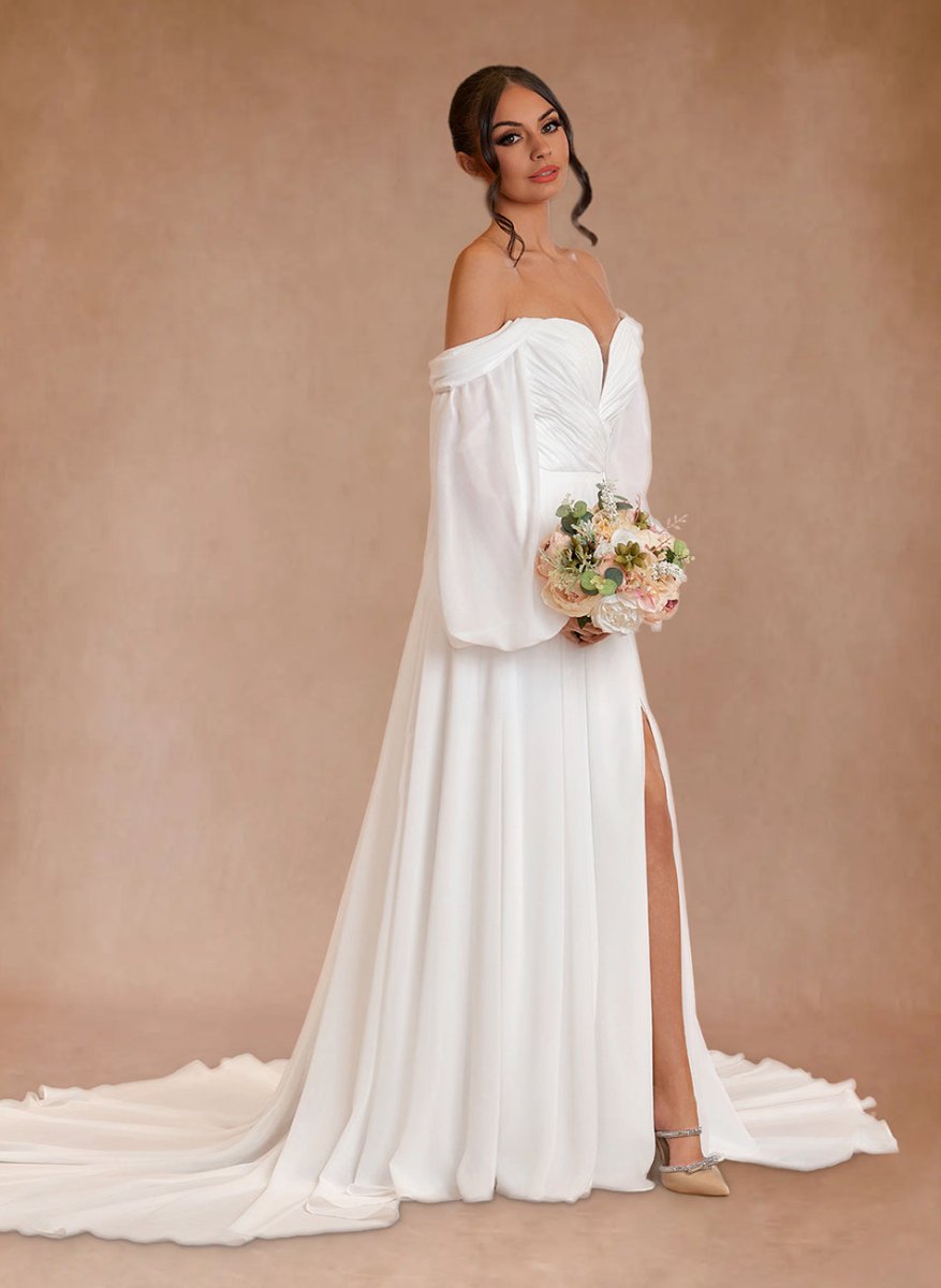 Aisling | A - Line Sweetheart Long Sleeves Chiffon Sweep Train Wedding Dress - KissProm