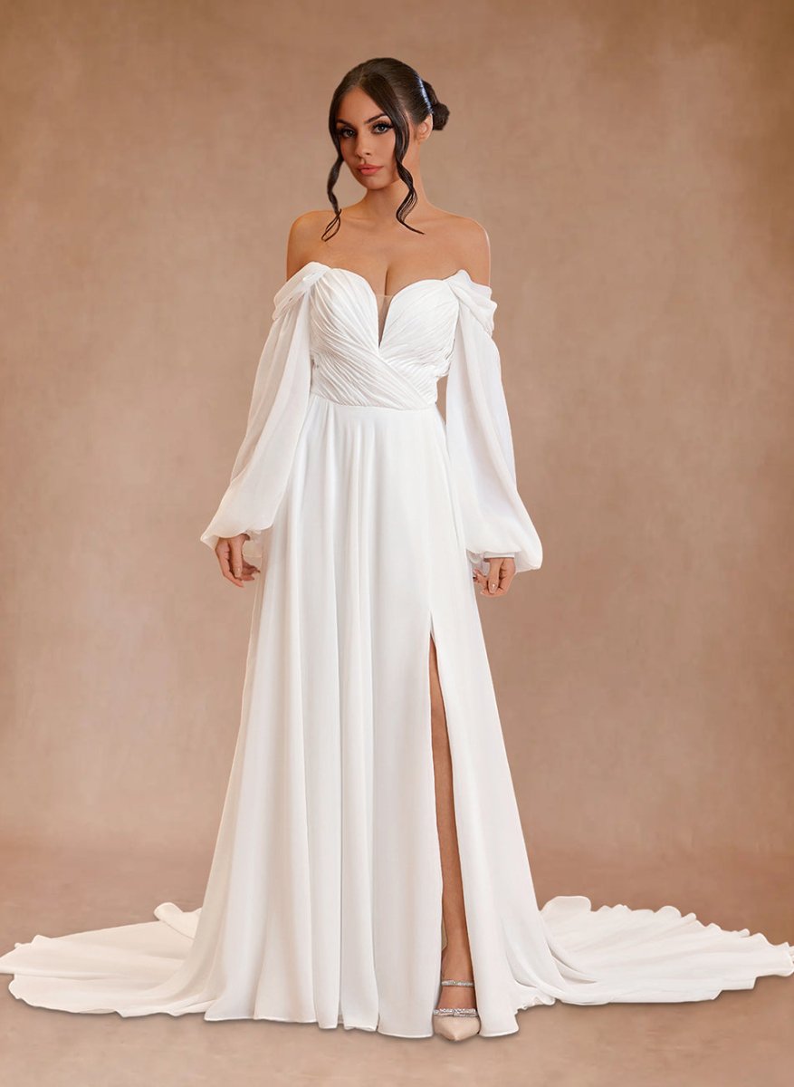 Aisling | A - Line Sweetheart Long Sleeves Chiffon Sweep Train Wedding Dress - KissProm