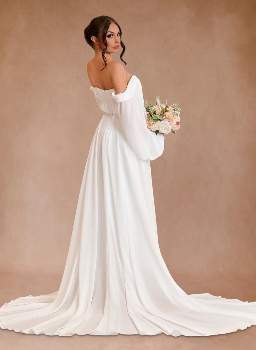 Aisling | A - Line Sweetheart Long Sleeves Chiffon Sweep Train Wedding Dress - KissProm