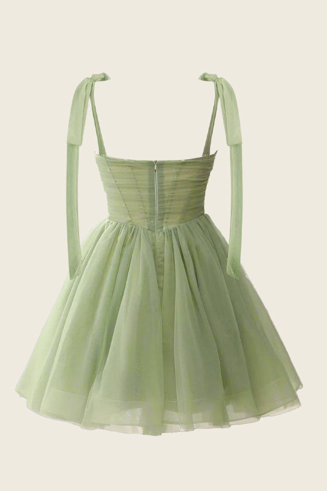 A-Line V-Neck Sage Green Pleated Short Homecoming Dress