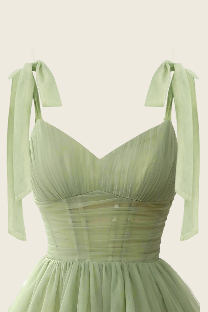 A-Line V-Neck Sage Green Pleated Short Homecoming Dress