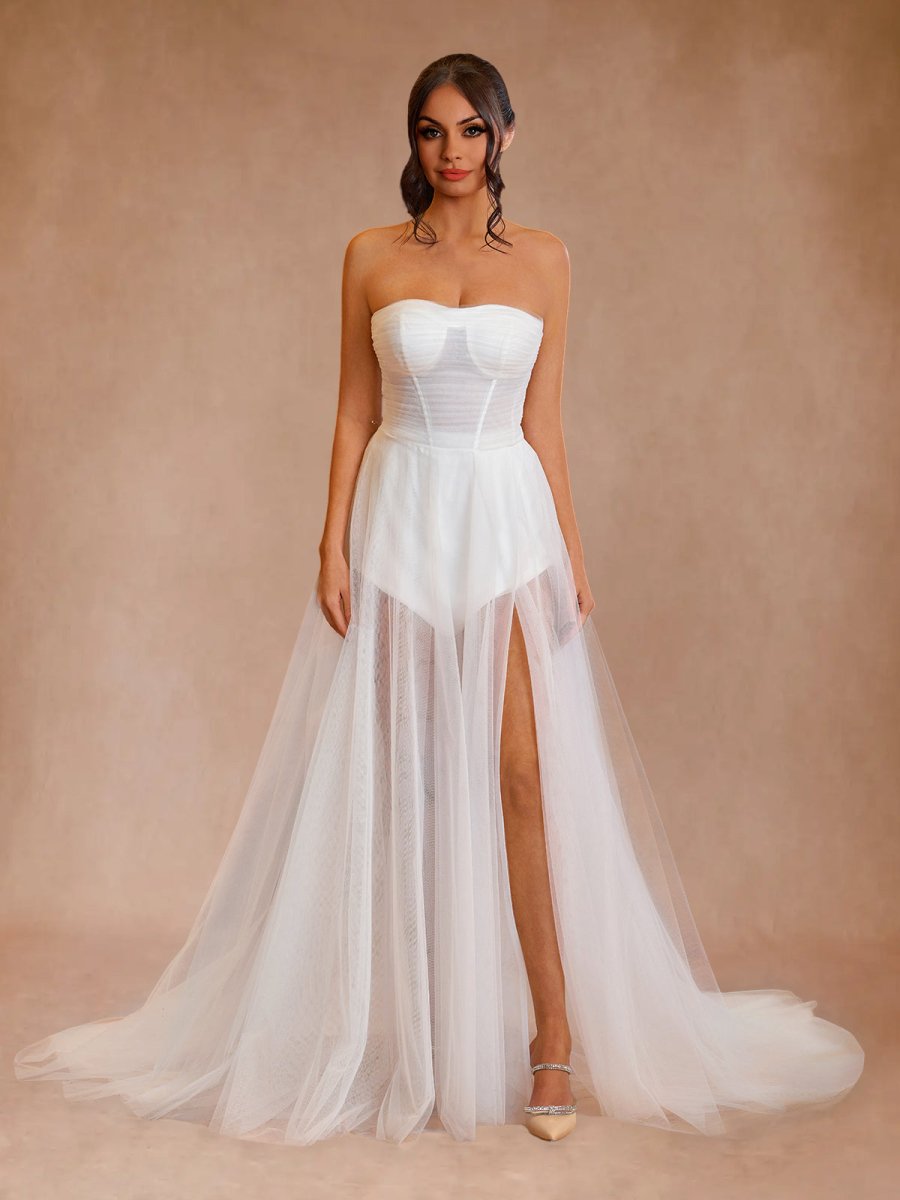 A - line Sweetheart Tulle High Split Bohemian Wedding Dresses - KissProm