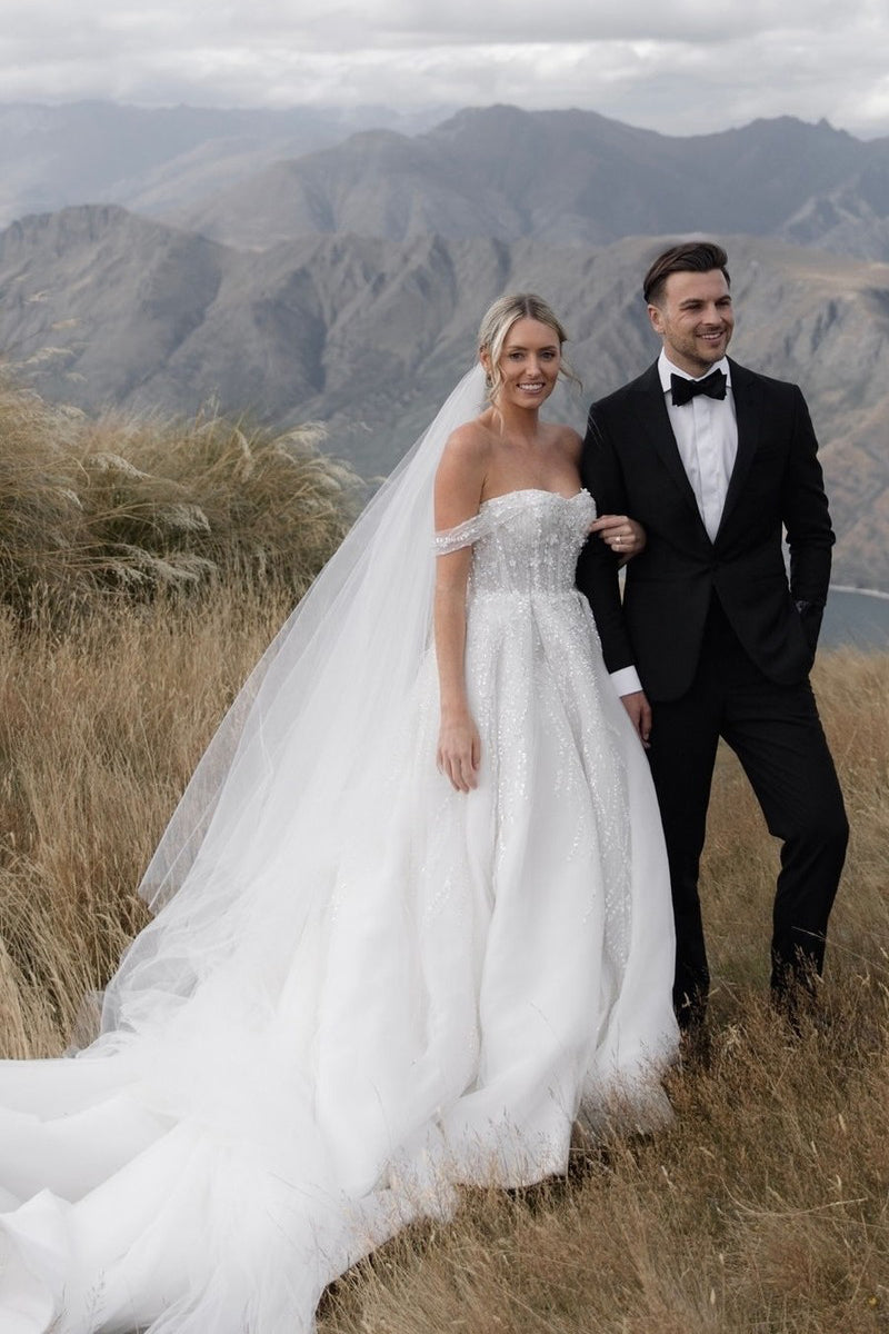 A - Line Off the Shoulder White Sequin Wedding Dresses - KissProm