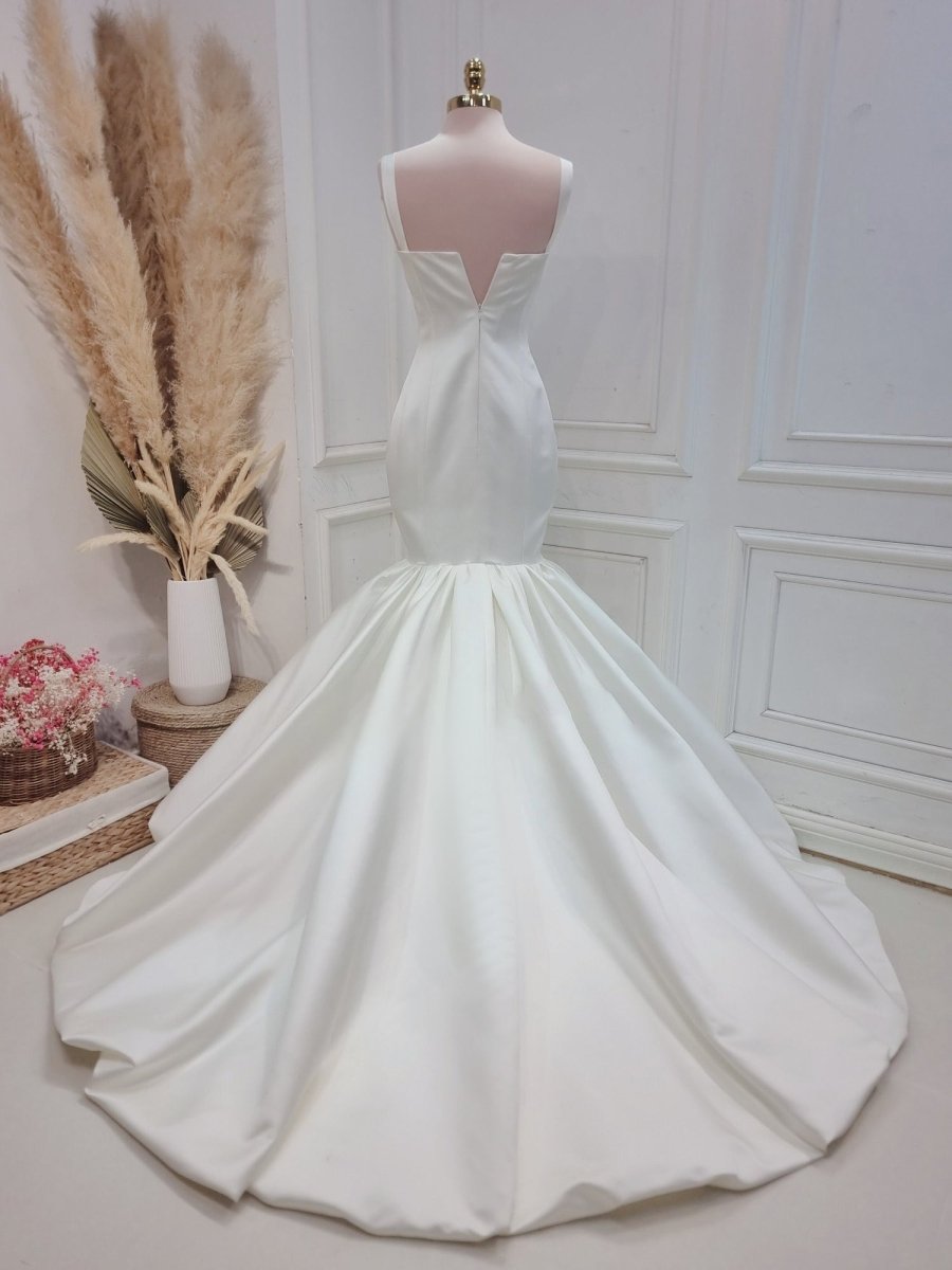 Mermaid Simple Satin White Wedding Dress Sweep Train Bridal Gown - KissProm