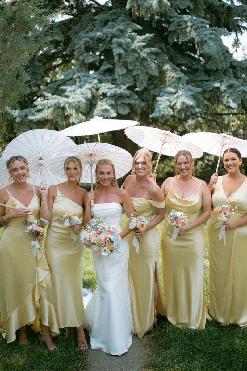 Sheath Silk Satin Yellow Long Bridesmaid Dresses - KissProm