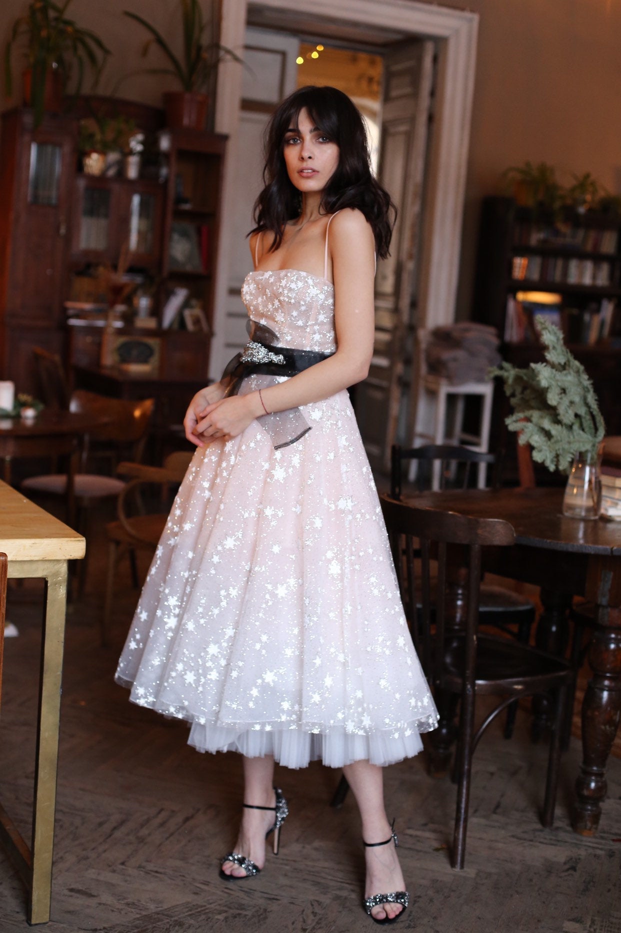 A Line Spaghetti Straps Tea Length Pearl Pink Prom Dress With Stars