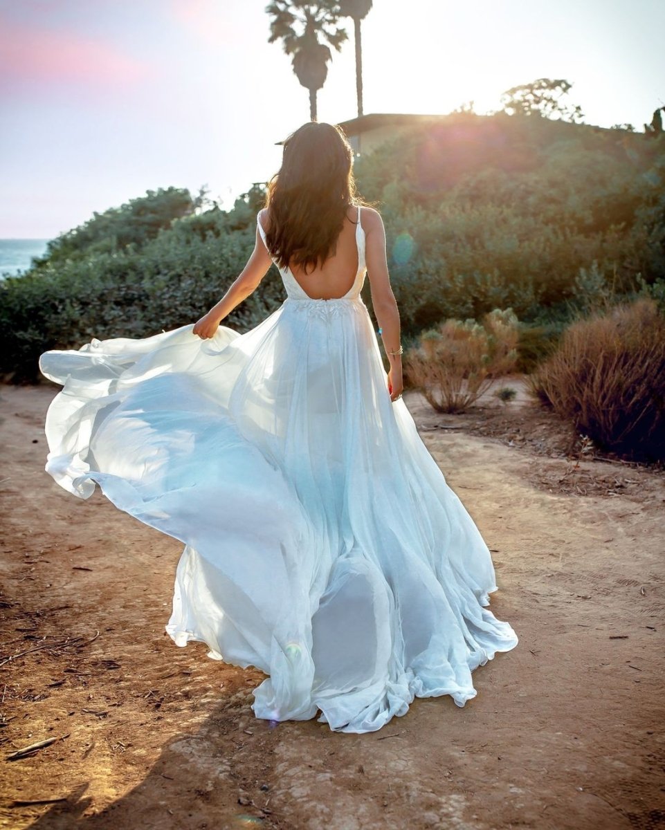 Bohemian A Line V Neck Tulle Wedding Dresses with Appliques - KissProm