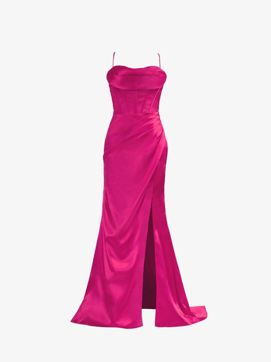 Aaliyah| Hot Pink Spaghetti Straps Satin Mermaid Prom Dress with Slit - KissProm