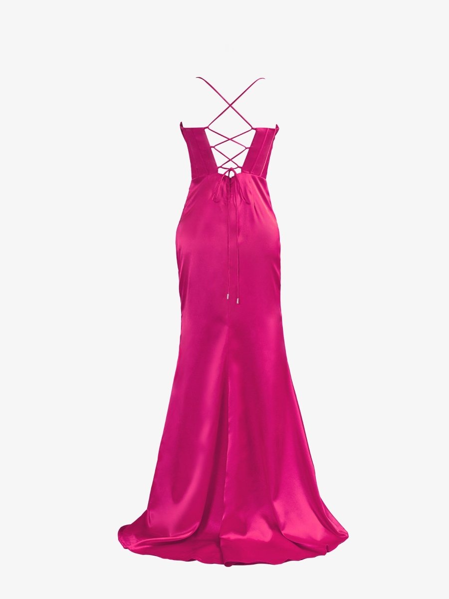 Aaliyah| Hot Pink Spaghetti Straps Satin Mermaid Prom Dress with Slit - KissProm