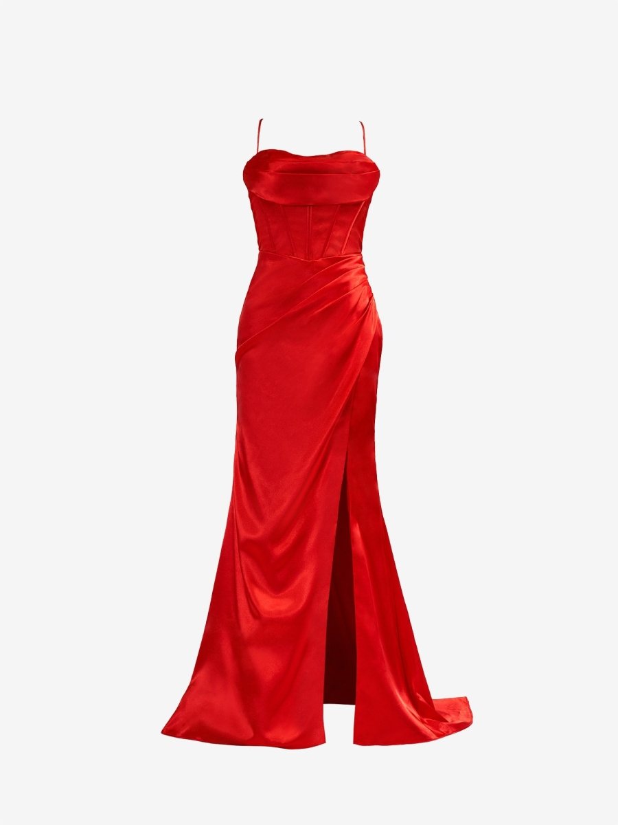 Aaliyah| Red Spaghetti Straps Satin Mermaid Prom Dress with Slit - KissProm