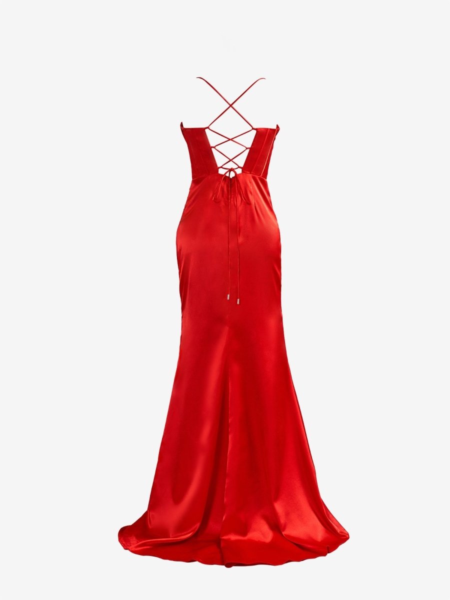 Aaliyah| Red Spaghetti Straps Satin Mermaid Prom Dress with Slit - KissProm