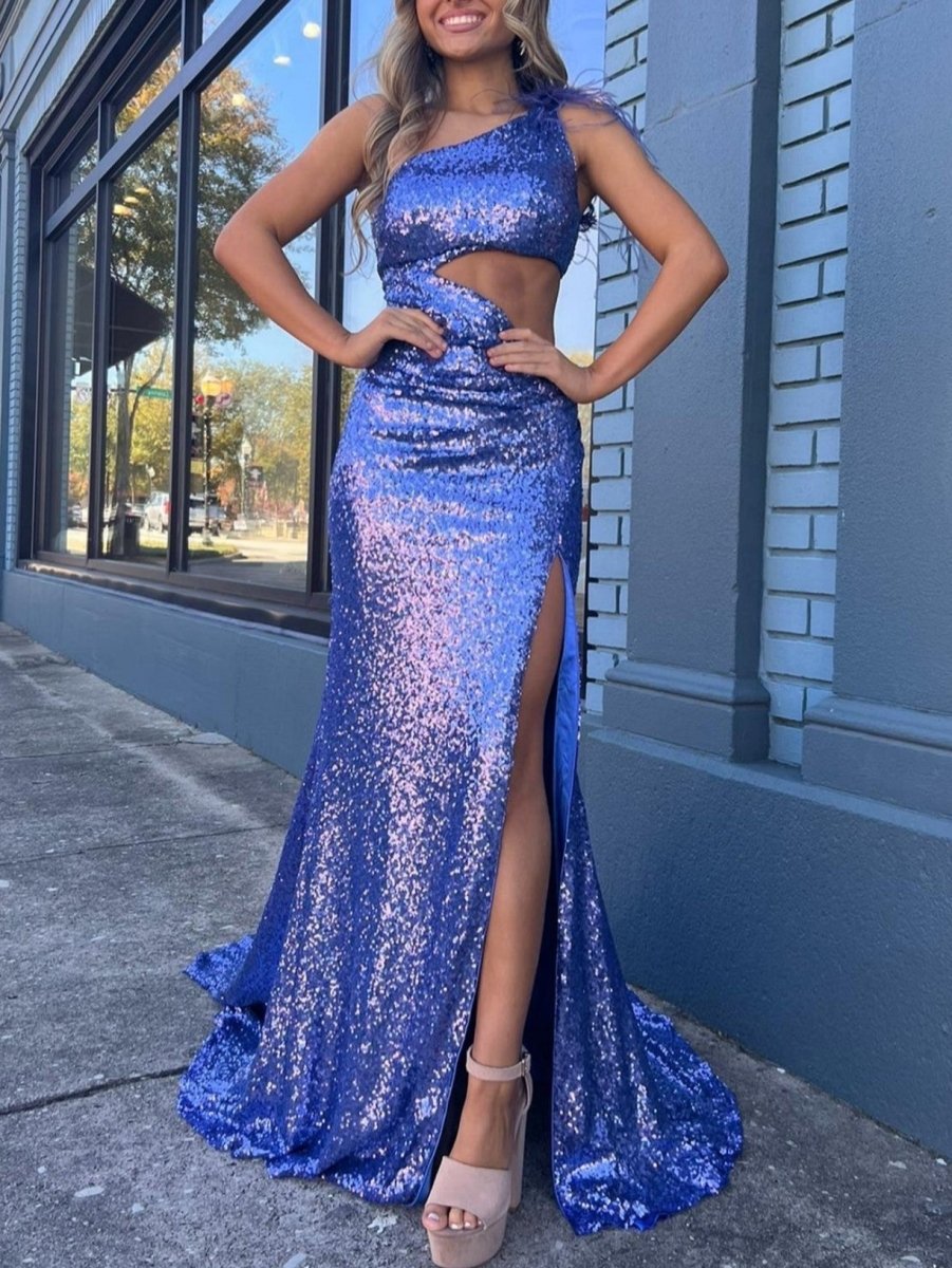 One Shoulder Sparkly Unique Black Mermaid Prom Dress - KissProm