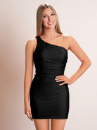 KissProm One Shoulder Black Sleeveless With Beading Short Homecoming Dress |It features a fashion-forward one-shoulder neckline, adding a touch of sophistication. The sheath silhouette enhances your curves while ensuring a perfect fit.