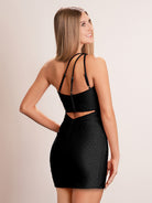 KissProm One Shoulder Black Sleeveless Short Homecoming Dress | It features a fashion-forward one-shoulder neckline, adding a touch of sophistication. The sheath silhouette enhances your curves while ensuring a perfect fit.