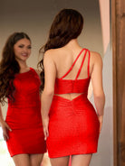 KissProm One Shoulder Red Sleeveless Homecoming Dress Beaded | It features a fashion-forward one-shoulder neckline, adding a touch of sophistication. The sheath silhouette enhances your curves while ensuring a perfect fit.