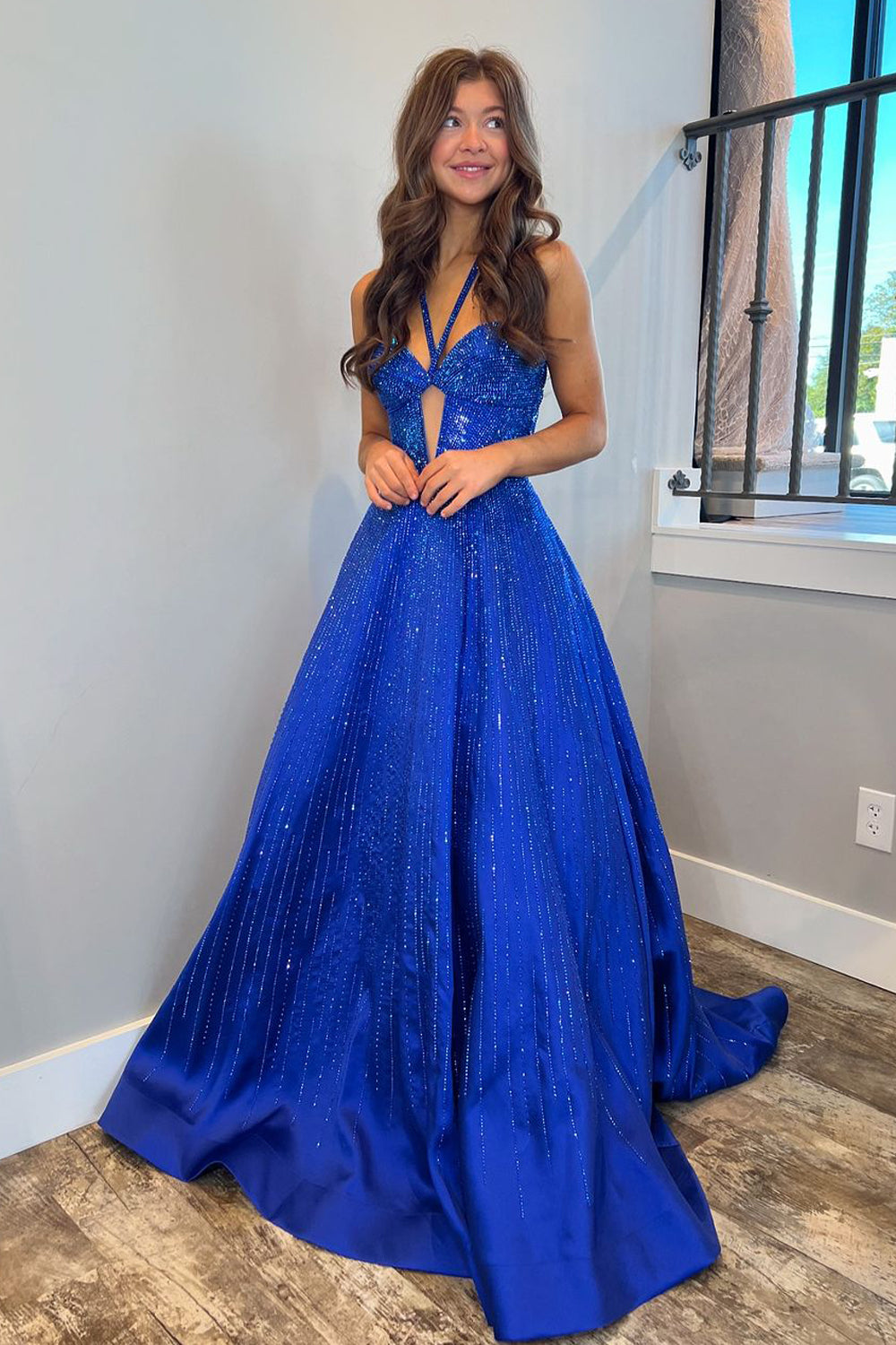 Adelisa | A Line V Neck Royal Blue Satin Prom Dresses with Beading