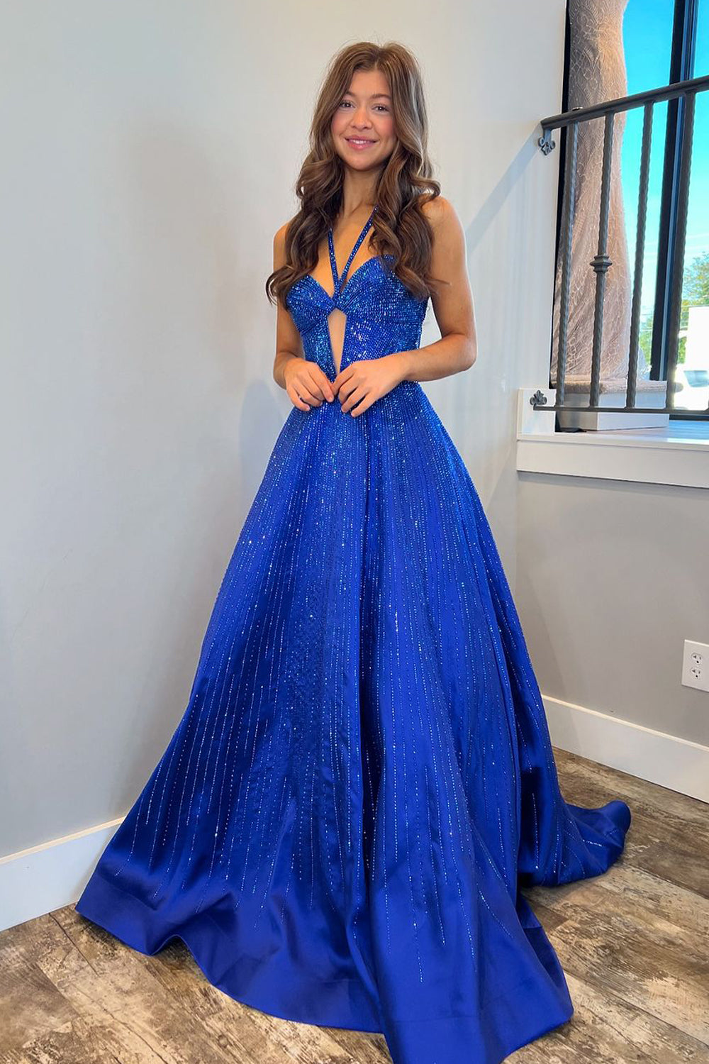 Adelisa | A Line V Neck Royal Blue Satin Prom Dresses with Beading