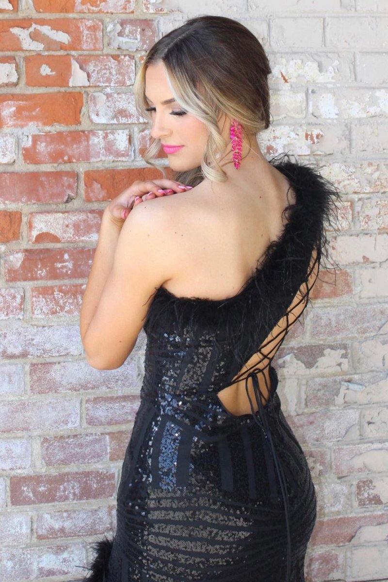 Adira | Black One Shoulder Mermaid Sequins Prom Dress With Feather - KissProm