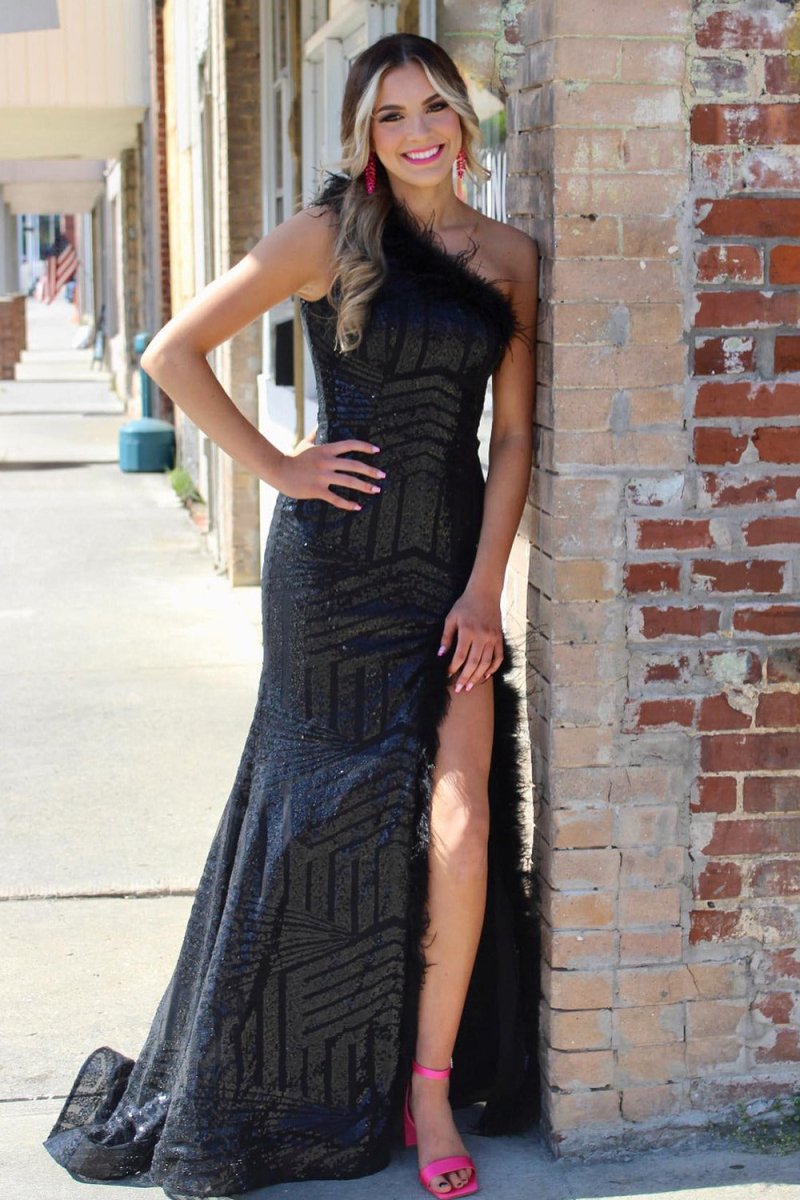 Adira | Black One Shoulder Mermaid Sequins Prom Dress With Feather - KissProm