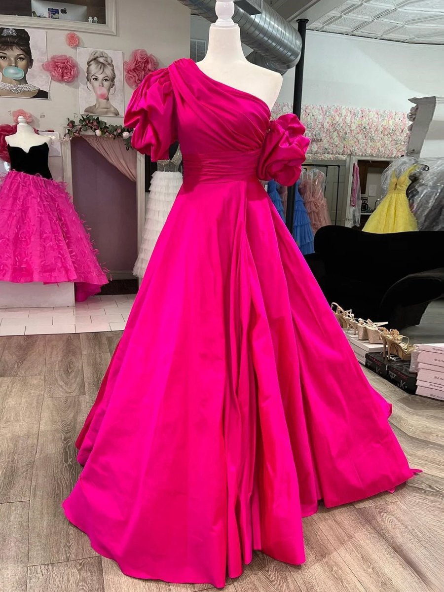 Alan | Fuchsia One - Shoulder A - Line Long Prom Dress with Puff Sleeves - KissProm