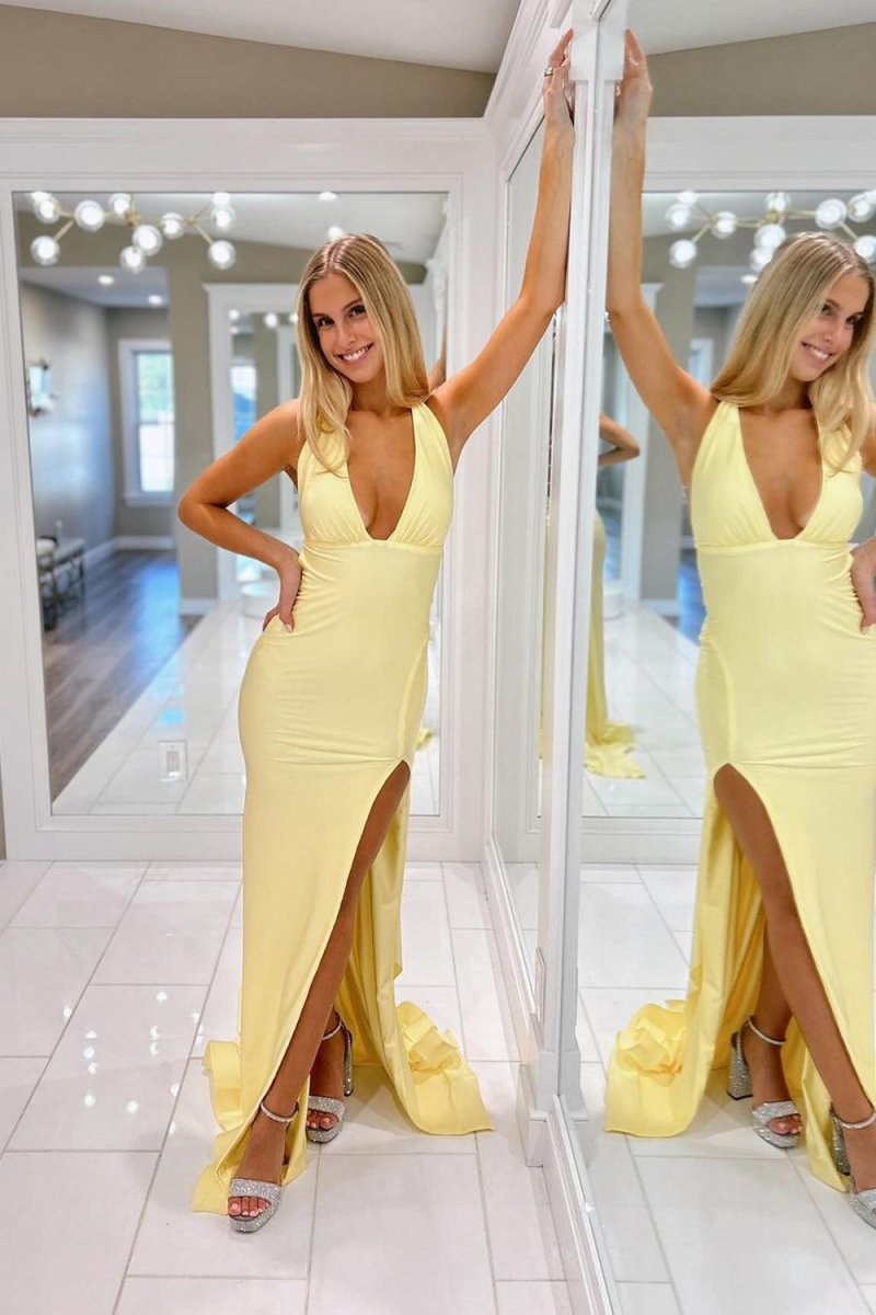 Alaric | Mermaid Deep V Neck Yellow Satin Long Prom Dresses with Slit - KissProm