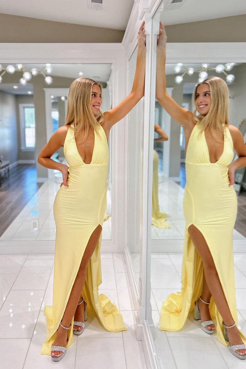 Alaric | Mermaid Deep V Neck Yellow Satin Long Prom Dresses with Slit - KissProm