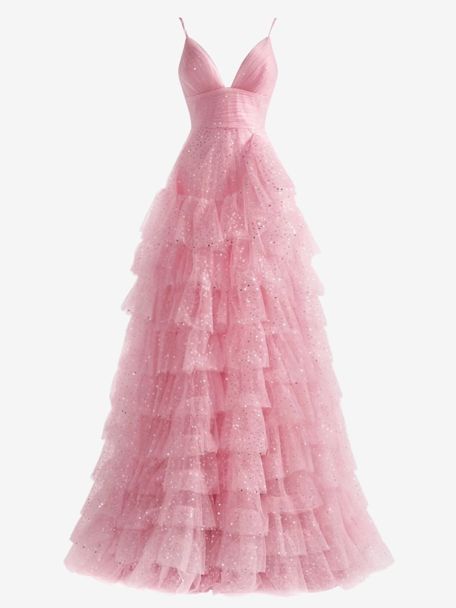 Alianna | Light Pink A - Line Tiered Spaghetti Straps Tulle Prom Dress - KissProm