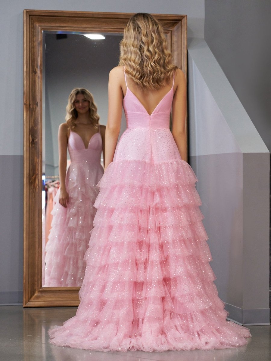 Alianna | Light Pink A - Line Tiered Spaghetti Straps Tulle Prom Dress - KissProm