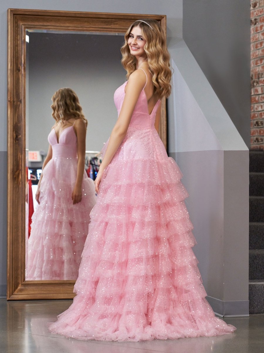 Alianna | Light Pink A - Line Tiered Spaghetti Straps Tulle Prom Dress - KissProm