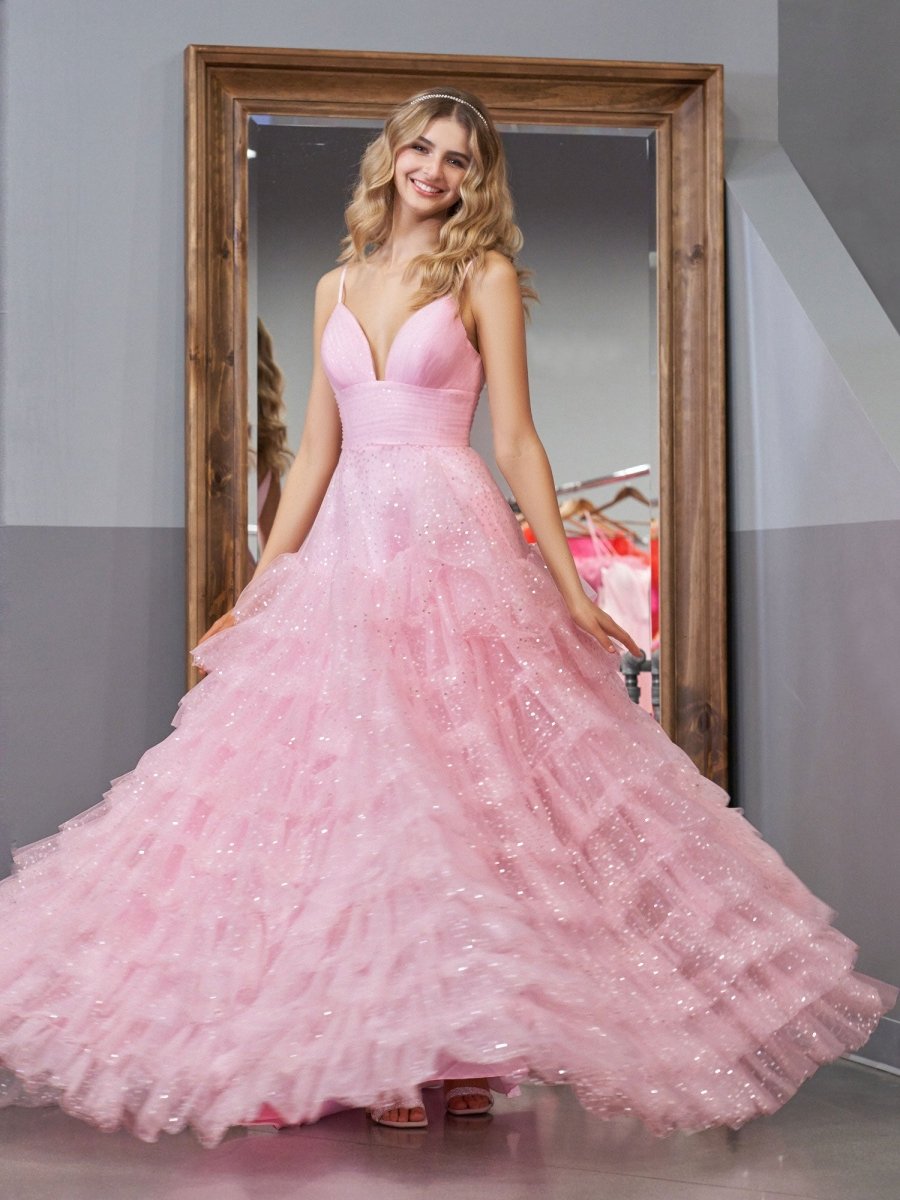 Alianna | Light Pink A - Line Tiered Spaghetti Straps Tulle Prom Dress - KissProm