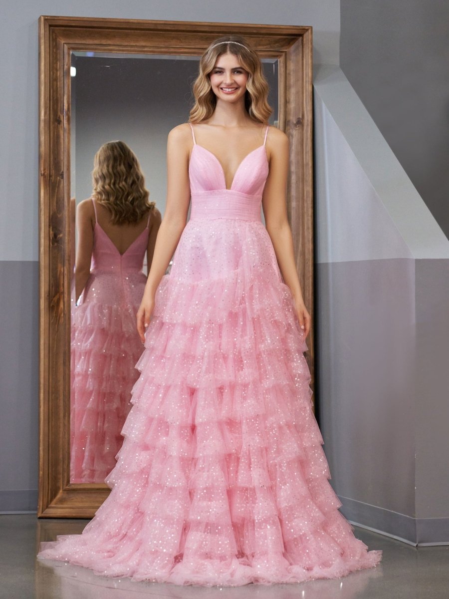 Alianna | Light Pink A - Line Tiered Spaghetti Straps Tulle Prom Dress - KissProm