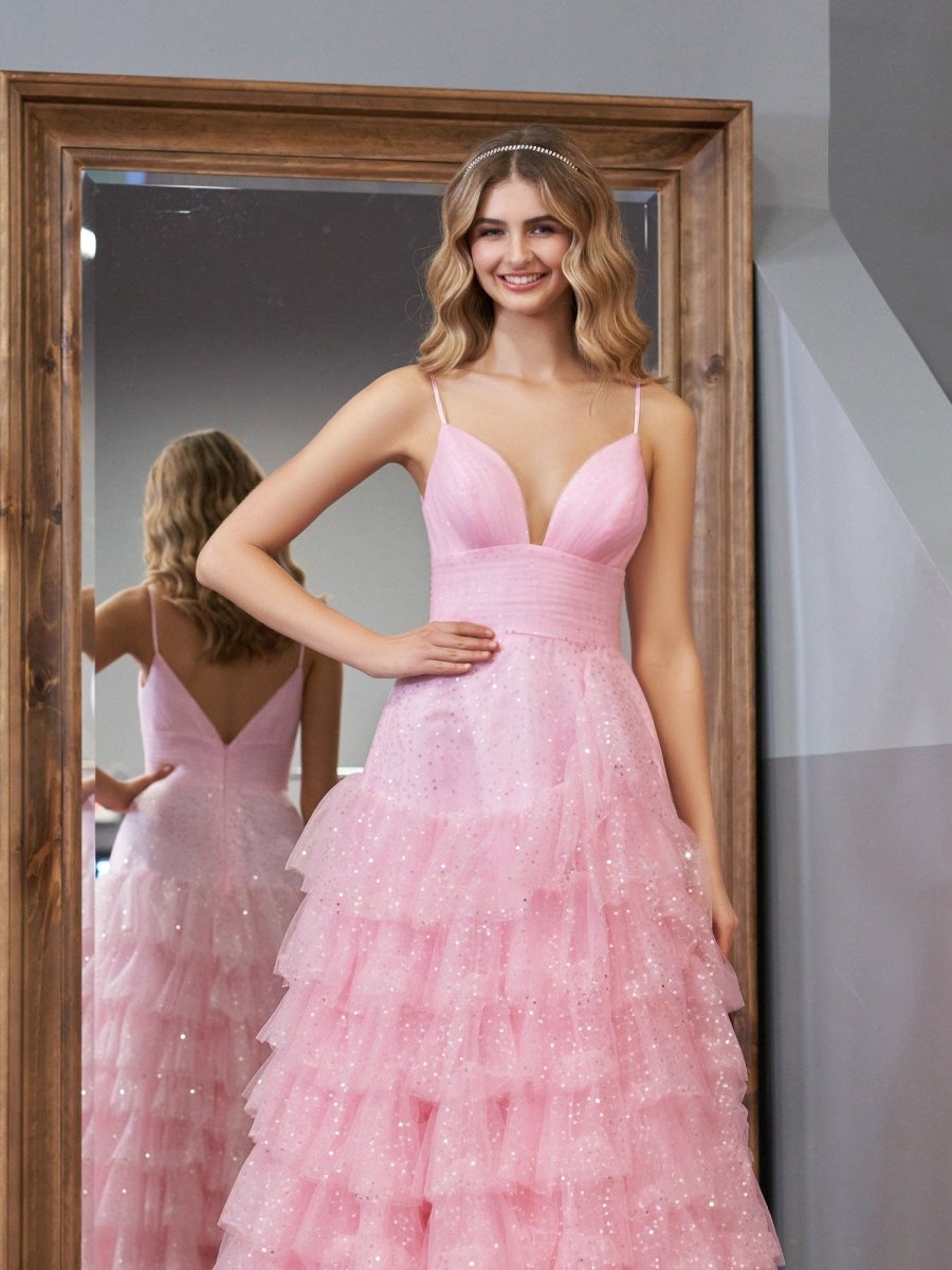 Alianna | Light Pink A - Line Tiered Spaghetti Straps Tulle Prom Dress - KissProm