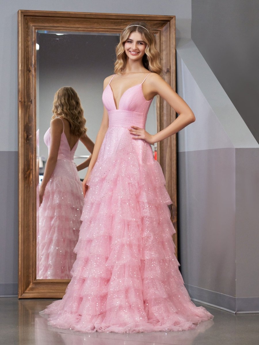 Alianna | Light Pink A - Line Tiered Spaghetti Straps Tulle Prom Dress - KissProm