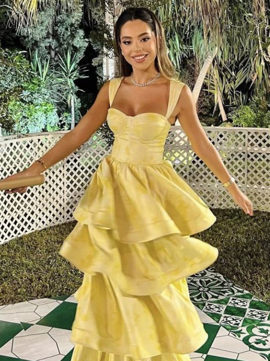 Alivia | Pastel Yellow Ruffle Tiered A - Line Long Party Prom Dress - KissProm